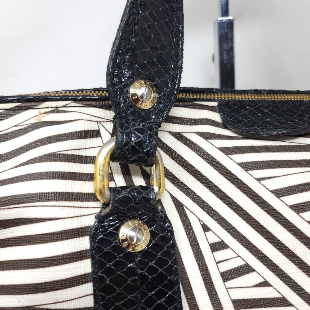 Henri Bendel Laptop Bag Disturbed Stripe Brown Black Canvas Leather Briefcase - Picture 7 of 16